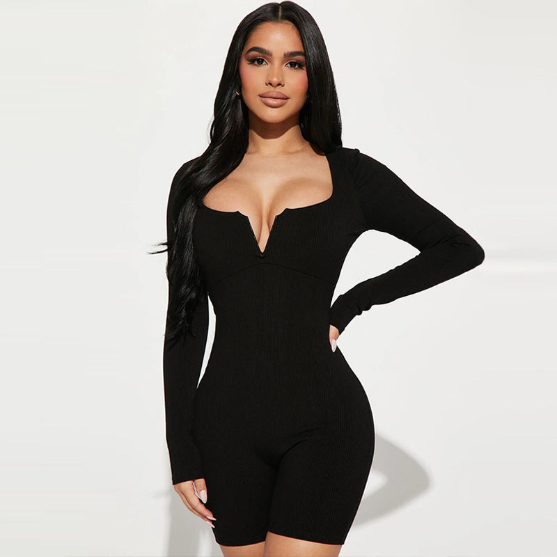 Clothing Autumn Color Slim U Neck Long Sleeved Jumpsuit