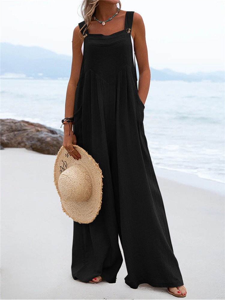 Summer New National Color Buttons Sling Wide Leg Trousers Jumpsuit