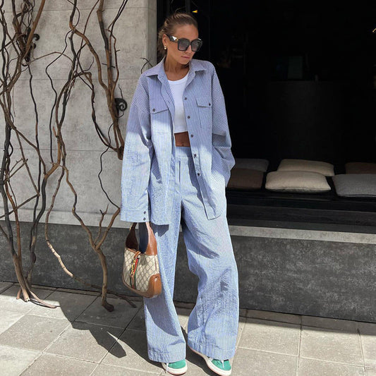 Blue Color Striped Collared Shirt Long Sleeve Wide Leg Pants Suit Loose Clothing