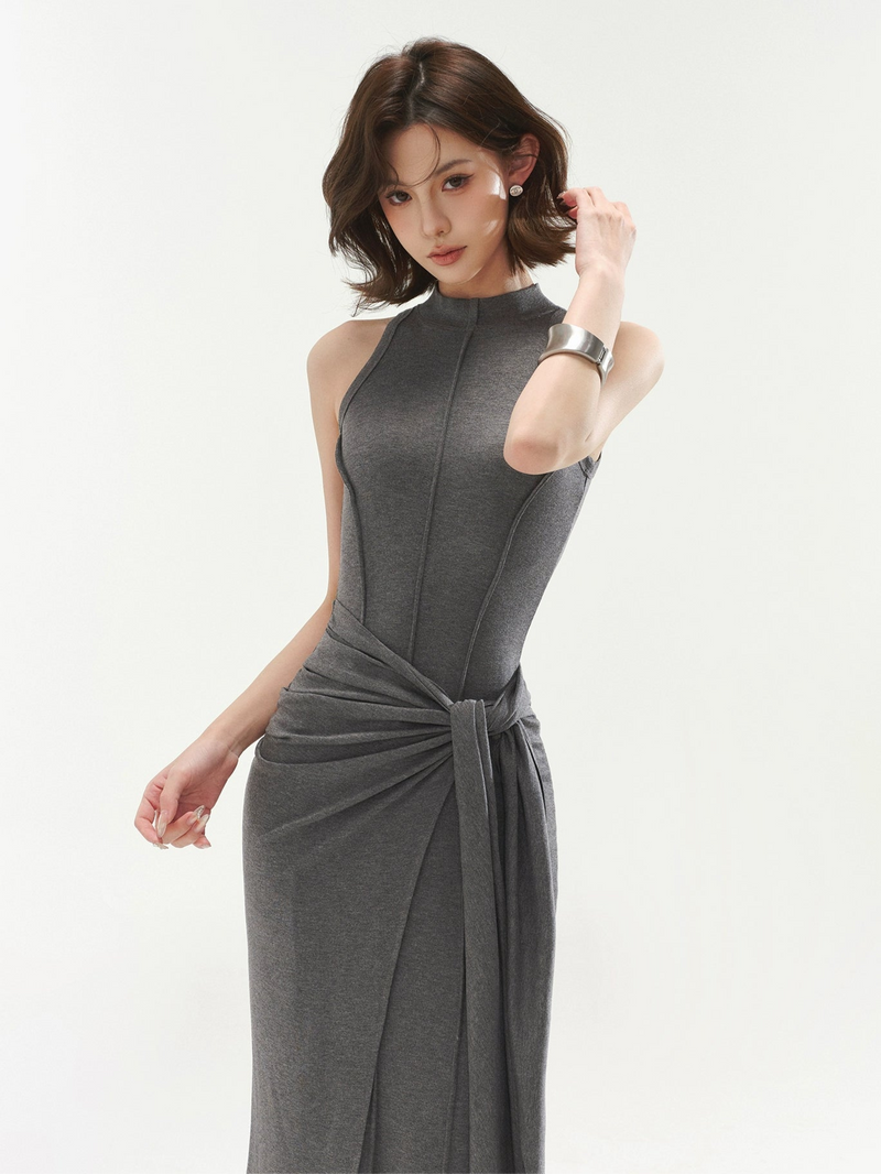Sleeveless Mock Neck Maxi Dress With Tie Waist
