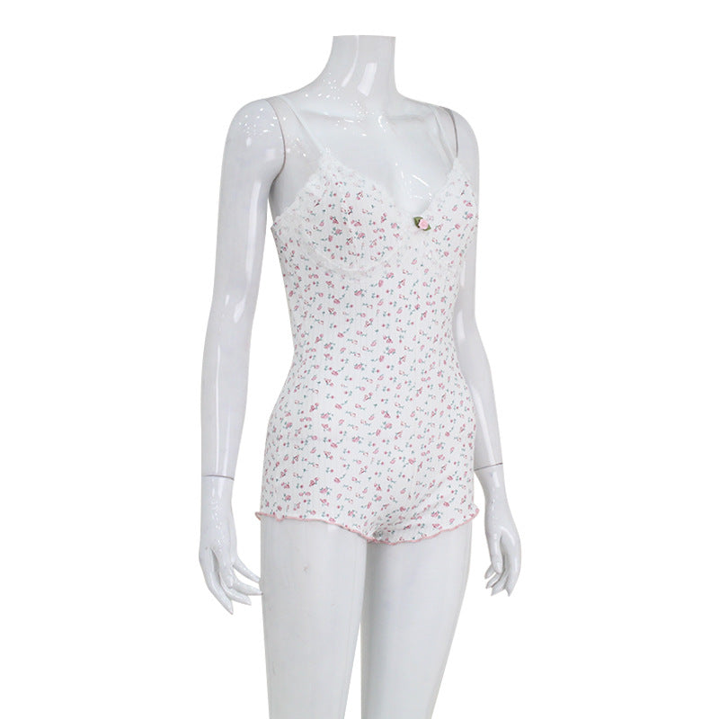 Summer Strap V Neck Lace Edge Stitching Jumpsuit Fresh Home