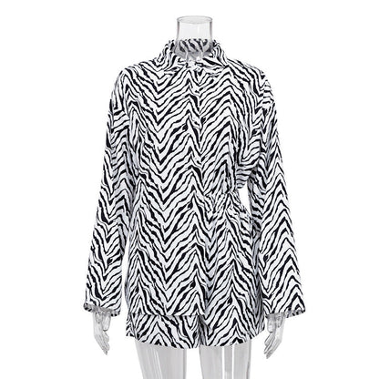 Autumn Set Loose Black White Striped Shirt Shorts Two Piece Set Clothing