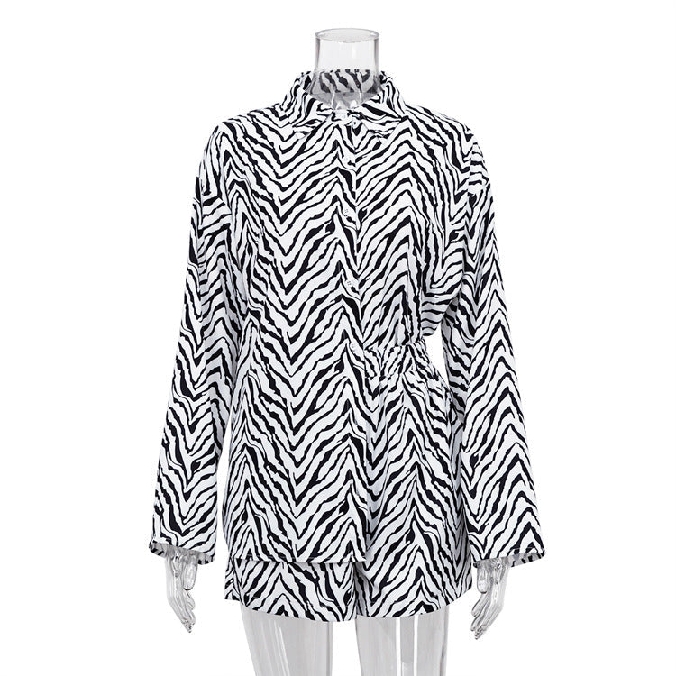 Autumn Set Loose Black White Striped Shirt Shorts Two Piece Set Clothing