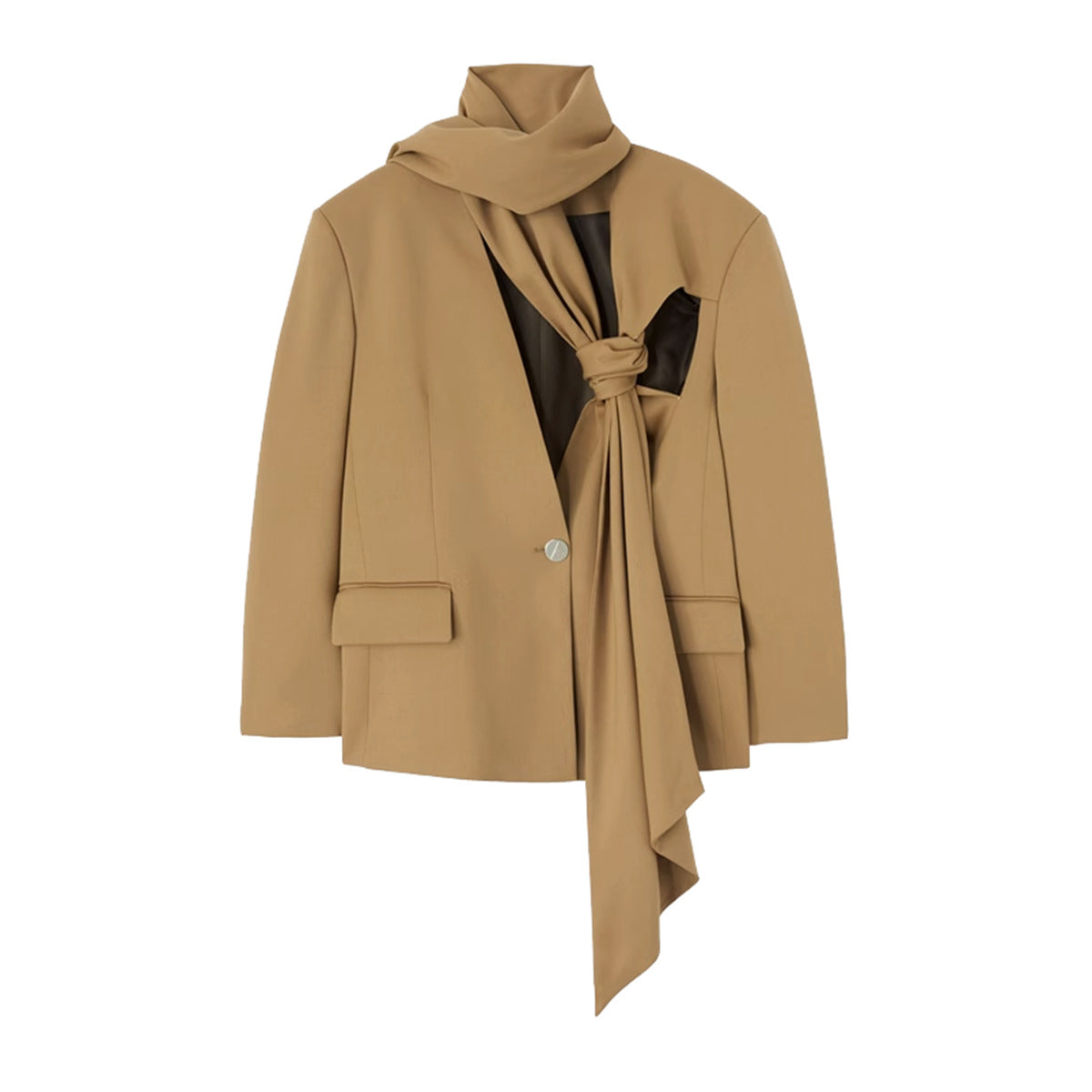 Two Piece Set for Autumn Winter Scarf Cut Profile Blazer High Waist Pants Set