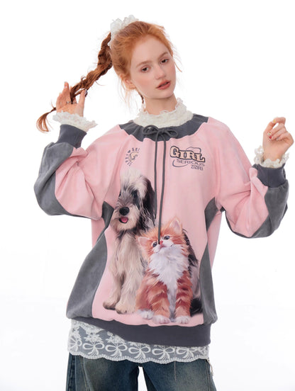Cat and Dog Print Two-tone Sweatshirt