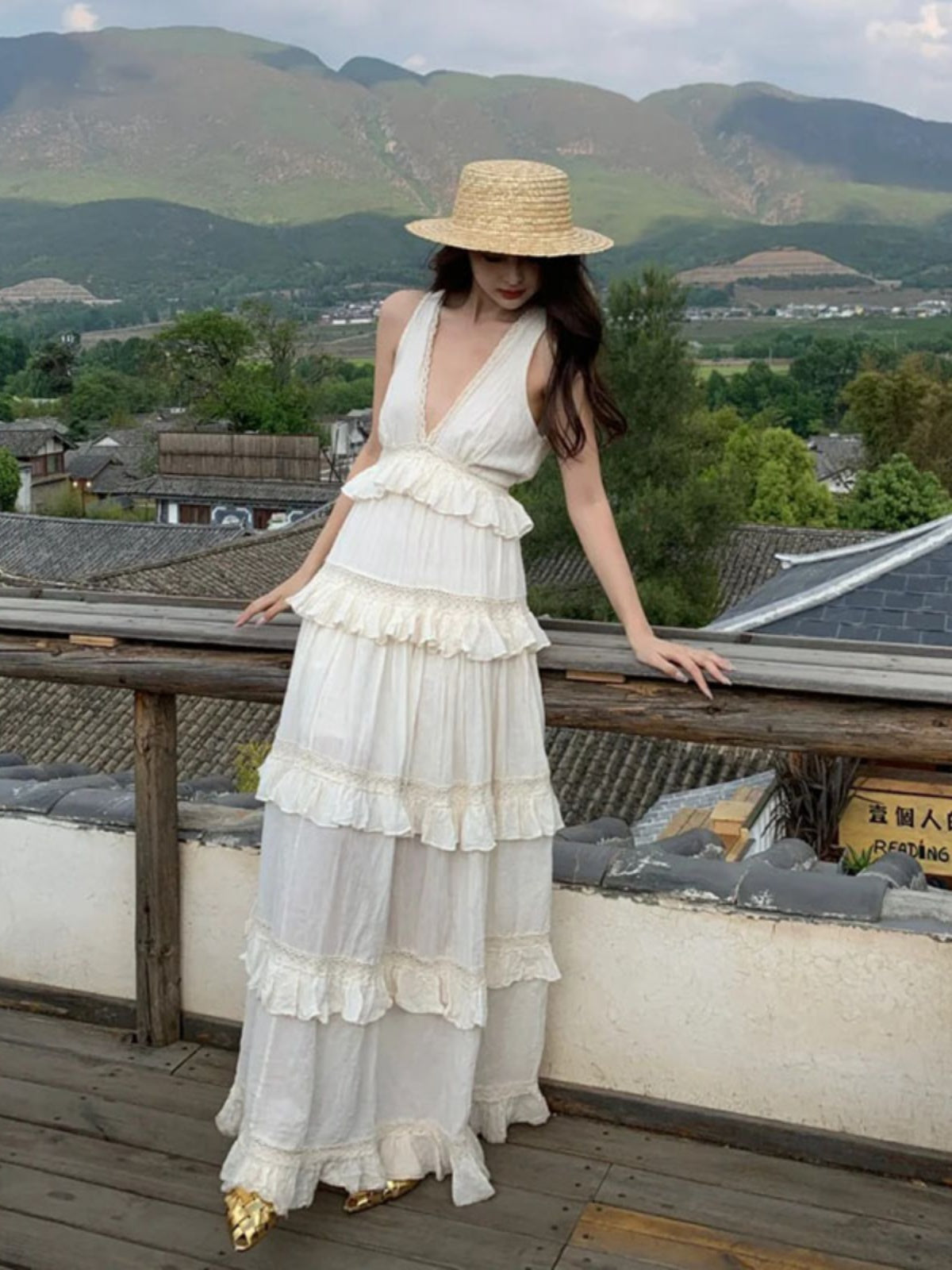French Soft Ruffle Tiered Maxi Dress Cotton Linen Vacation Gown for Summer Gunne Sax Dress