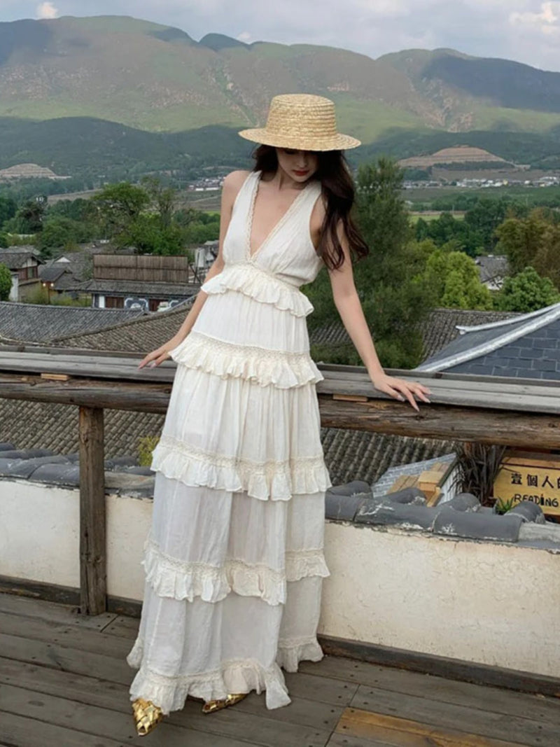 French Soft Ruffle Tiered Maxi Dress Cotton Linen Vacation Gown for Summer Gunne Sax Dress