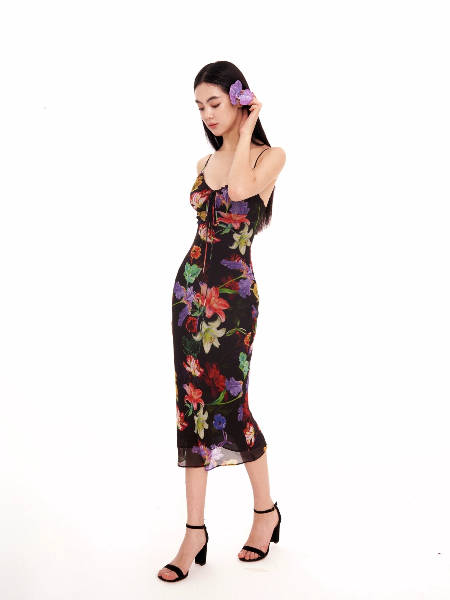 Black Tropical Print Maxi Dress