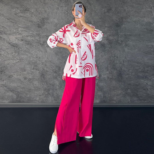 Clothing Long Sleeve Printed Shirt High Waist Slit Wide Leg Pants Set Amplified Craft