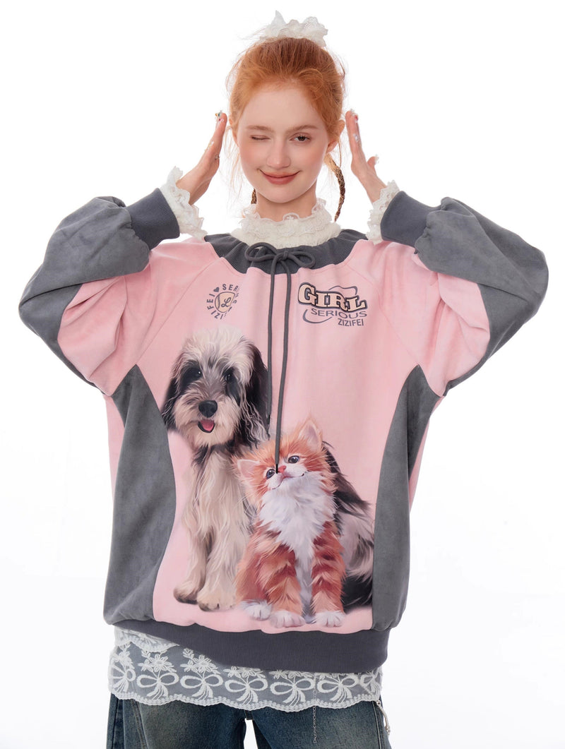 Cat and Dog Print Two-tone Sweatshirt