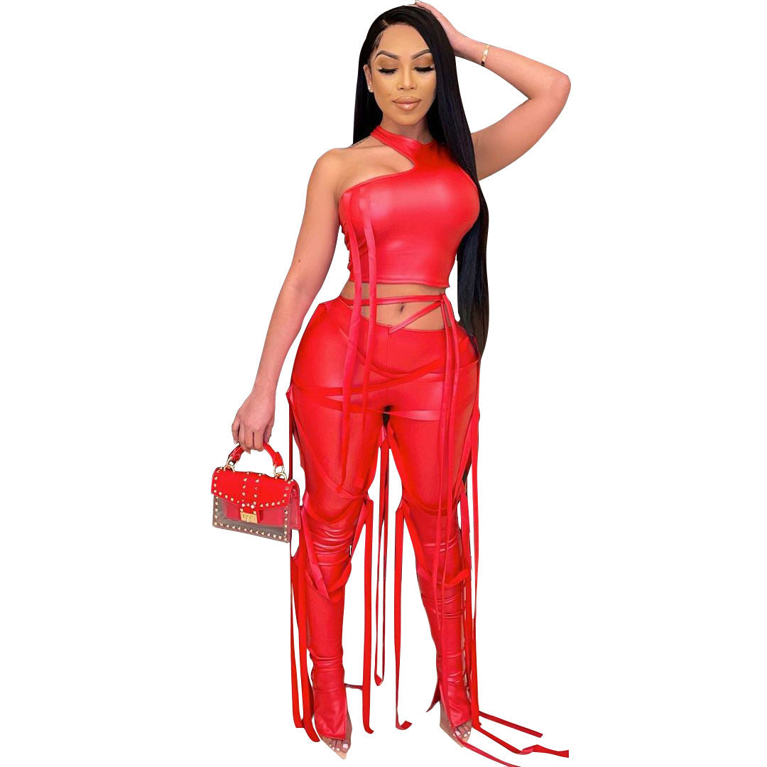 Clothing Two Piece Suit Vest Strap Suit Faux Leather Pants Nightclub Summer