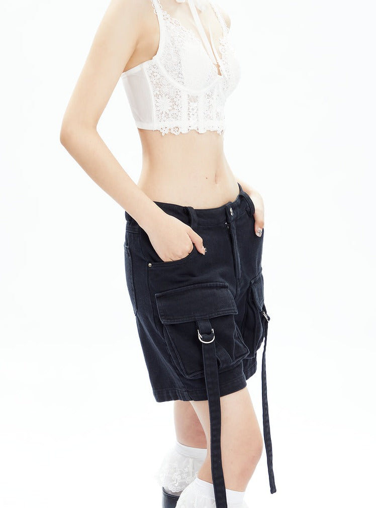 Black Cargo Shorts With Dangling Straps