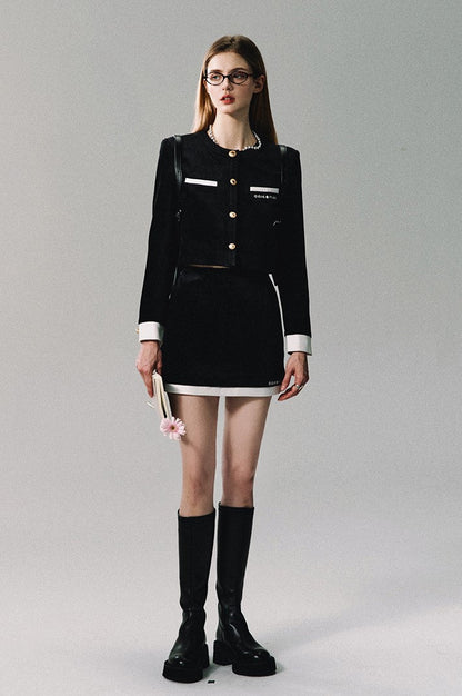 Black Velvet Contrast Trim Suit Top/skirt