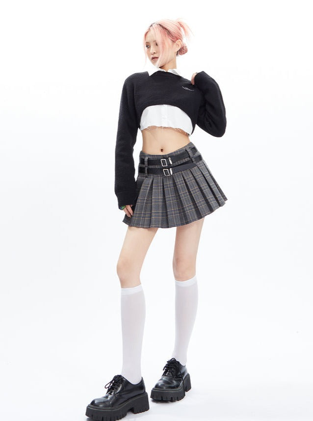 Plaid Pleated Mini Skirt With Double Buckle Belt