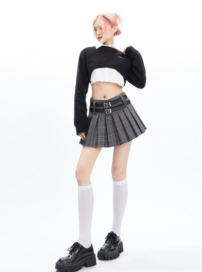 Plaid Pleated Mini Skirt With Double Buckle Belt
