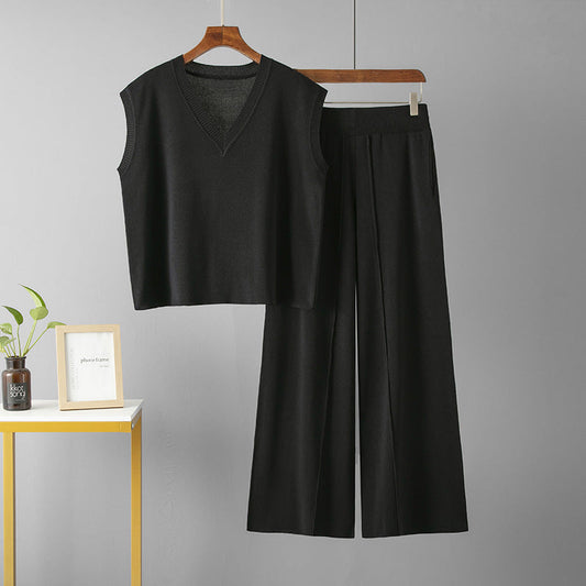 Suit V Neck Loose Sleeveless Knit Vest Top High Waist Loose Slimming Slit Wide Leg Pants