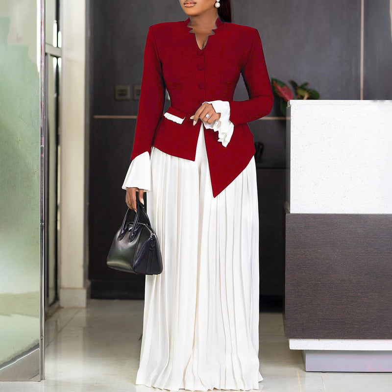 Office Bell Sleeve Top Pleated Wide Leg Pants Two Piece Set Sets