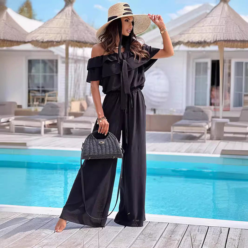 Clothing Summer Color Office Ruffled Off Shoulder Short Sleeved Jumpsuit