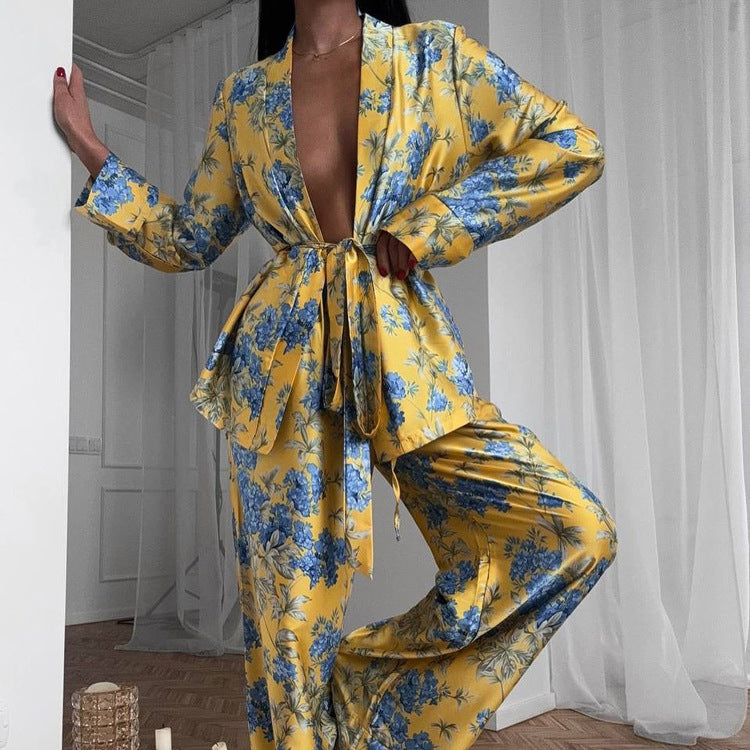 Autumn Winter Satin Printed Long Sleeve Lace Up Two Piece Set High Waist Wide Leg Pants Set