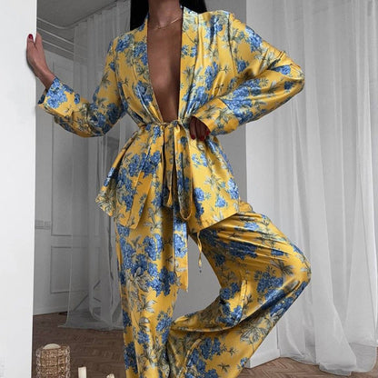 Autumn Winter Satin Printed Long Sleeve Lace Up Two Piece Set High Waist Wide Leg Pants Set