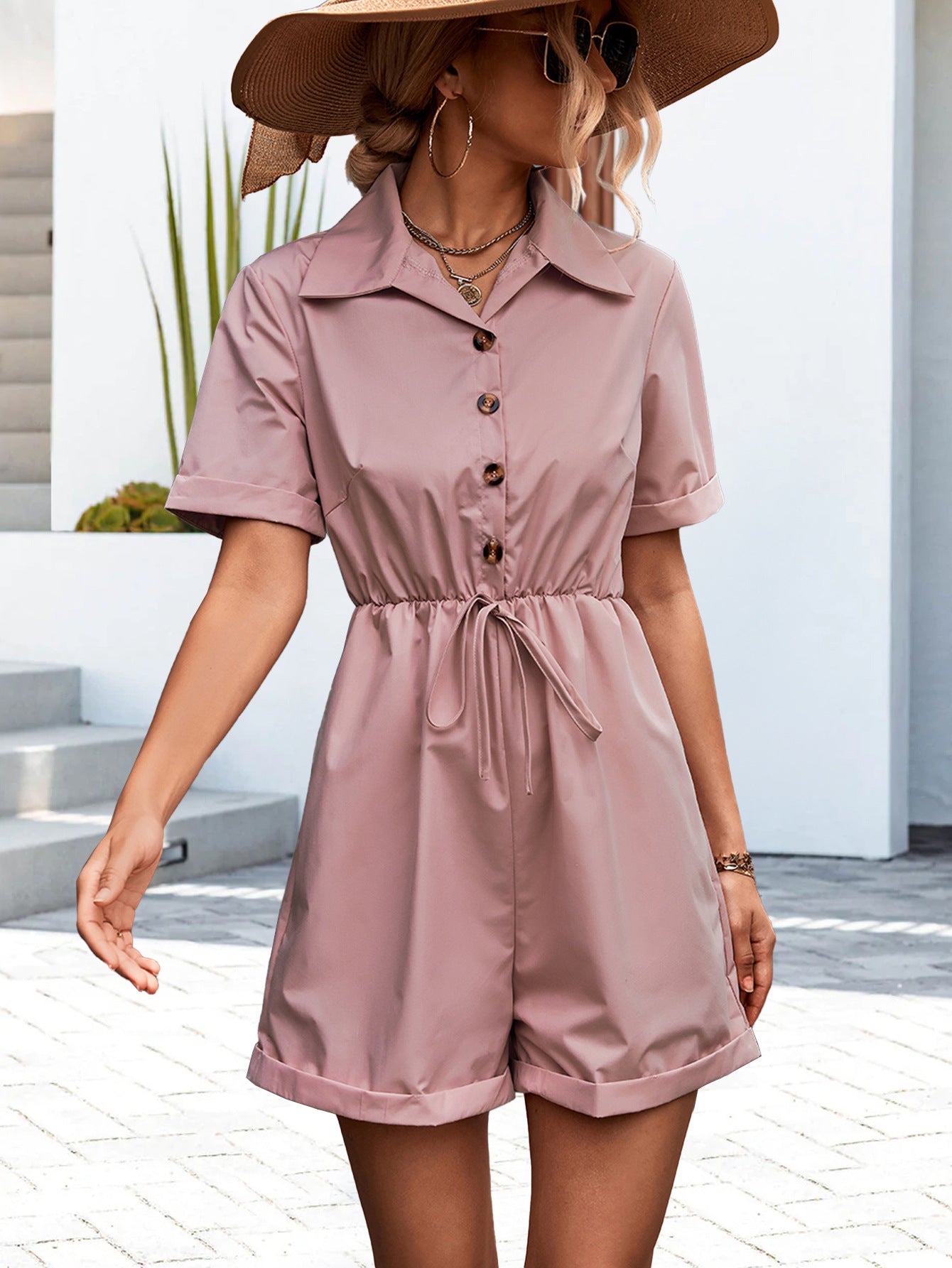Spring Summer Popular Shirt Collar Short Sleeve Lace Up Jumpsuit Shorts
