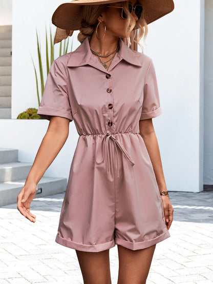 Spring Summer Popular Shirt Collar Short Sleeve Lace Up Jumpsuit Shorts