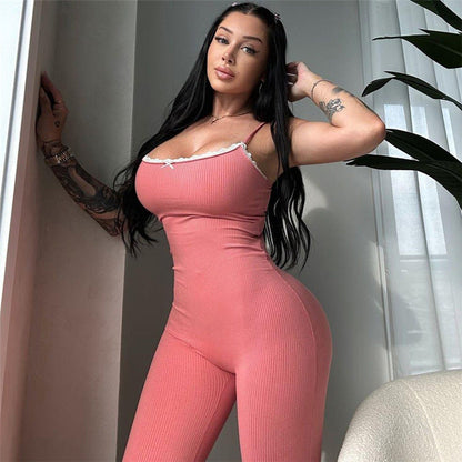 Autumn Winter Tight Low Cut Color Trousers Strappy Bow Jumpsuit