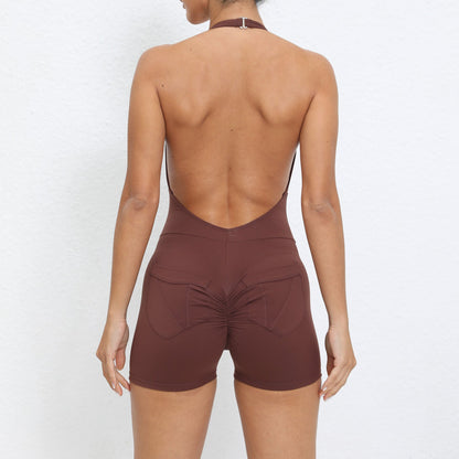 Halter Pocket Nude Feel Hip Lifting Beauty Back Yoga Jumpsuit Backless Fitness Sports Tight Jumpsuit