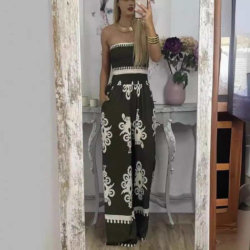 Street Hipster Wrapped Chest Printed Jumpsuit High Waist Pants