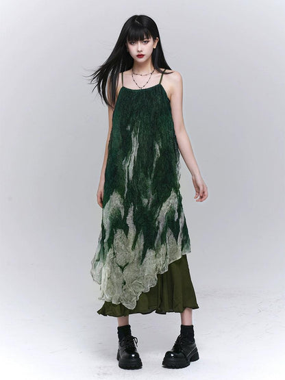Ladyghost Forest Sprite Layered Maxi Dress - Green Ombre Tie-dye Slip Dress With Asymmetrical Hem