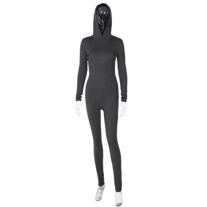 Clothing Winter Color Long Sleeve Hooded Backless Slim Fit Sports Jumpsuit