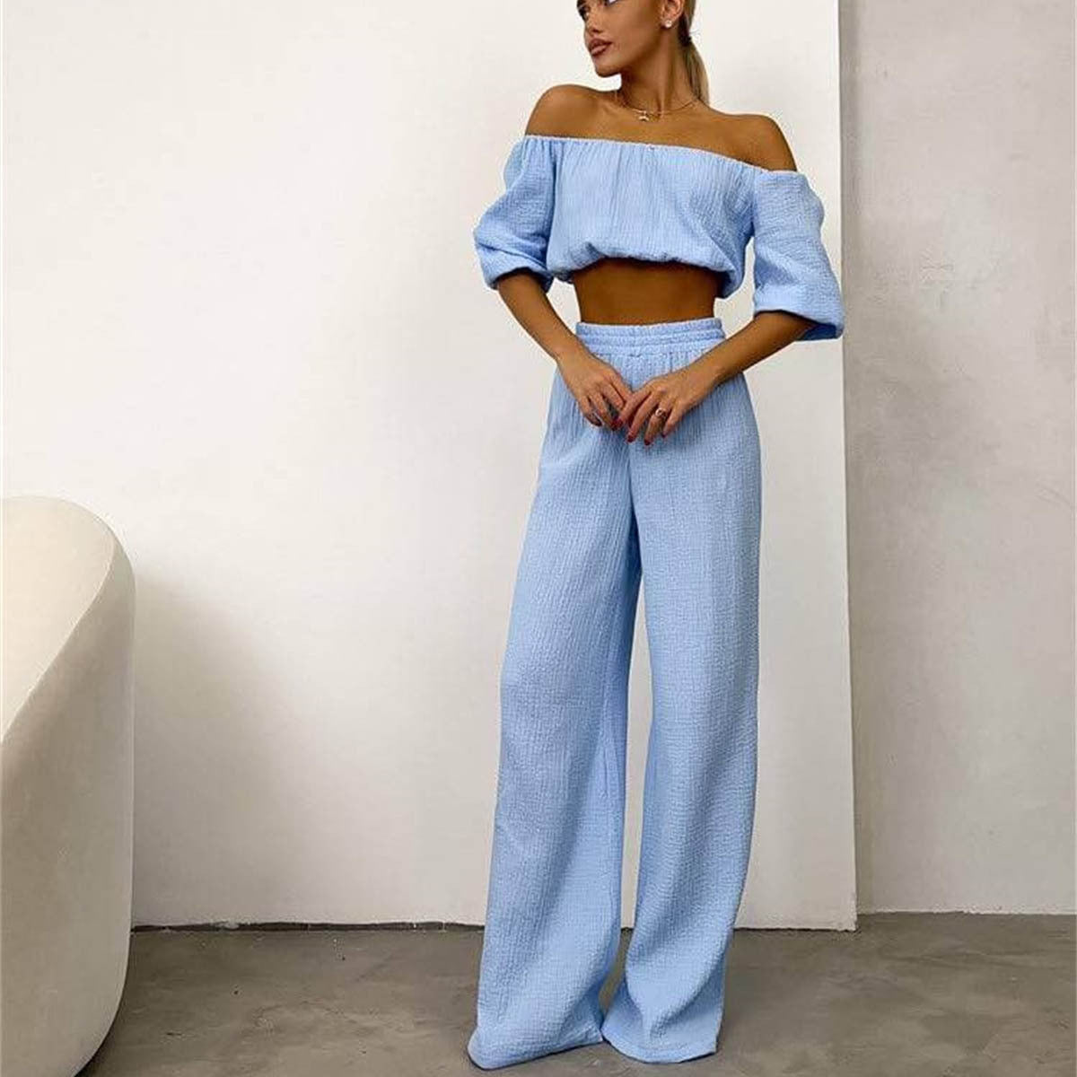 Two Piece Summer Pure Cotton Champray Color Off Neck Short Sleeved Top High Waist Wide Leg Pants Suit