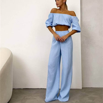 Two Piece Summer Pure Cotton Champray Color Off Neck Short Sleeved Top High Waist Wide Leg Pants Suit