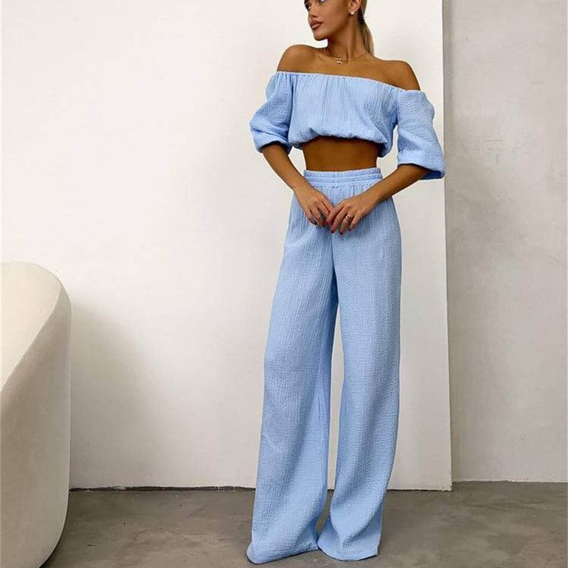 Two Piece Summer Pure Cotton Champray Color Off Neck Short Sleeved Top High Waist Wide Leg Pants Suit