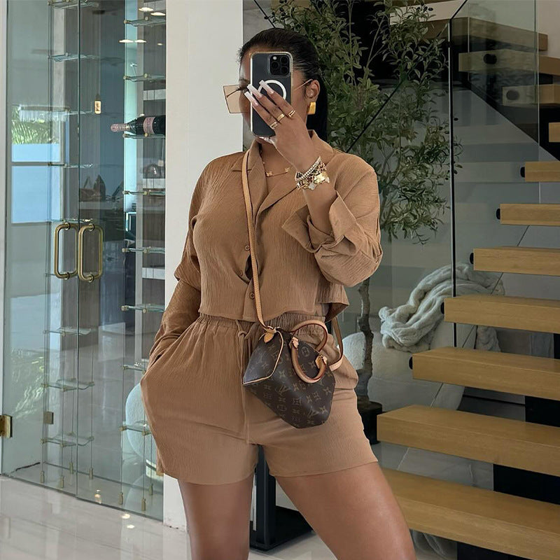 Clothing Summer Sweet Fresh Suit Collar Long Sleeve Shirt High Waist Drawstring Shorts Suit