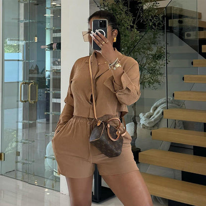 Clothing Summer Sweet Fresh Suit Collar Long Sleeve Shirt High Waist Drawstring Shorts Suit