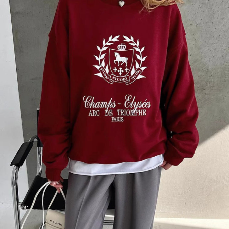 Spring Ankela Red Round Neck Printed Pullover Sweatshirt Loose Top