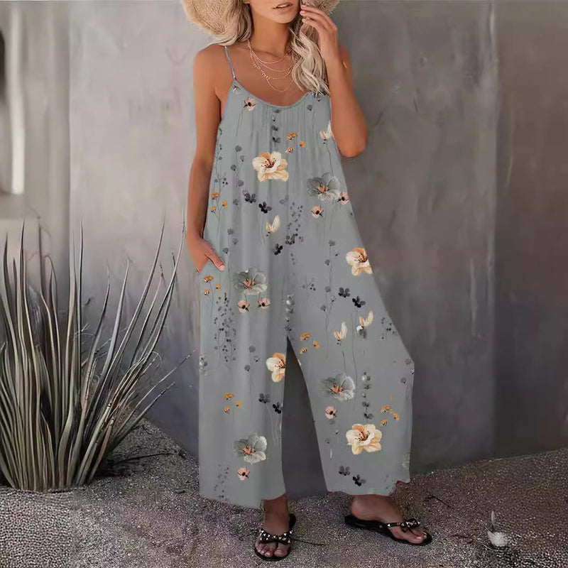 Spring Summer Suspender Trousers Autumn Best Printed Sleeveless Jumpsuit