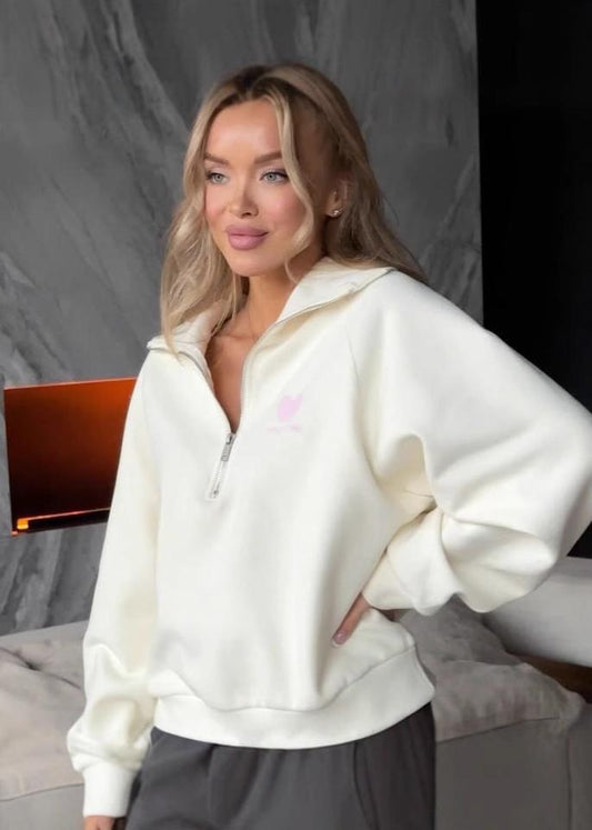 Cozy Quarter-zip Sweatshirt - Embroidered Heart Detail