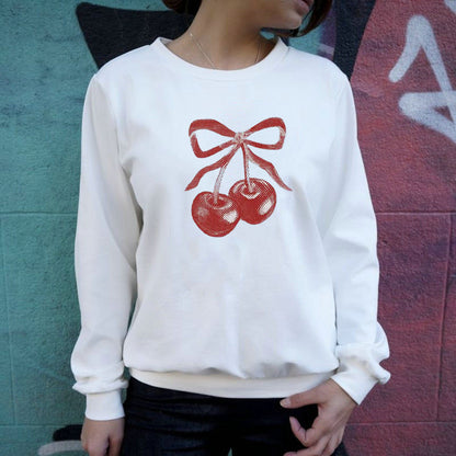 Street Hipster Bow Cherry Drop Shoulder Loose Long Sleeve Sweatershirt Autumn Winter Clothing