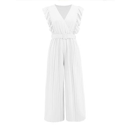 Slim Jumpsuit High Waist Sleeveless Lotus Leaf V Neck Pleated Wide Leg Skort