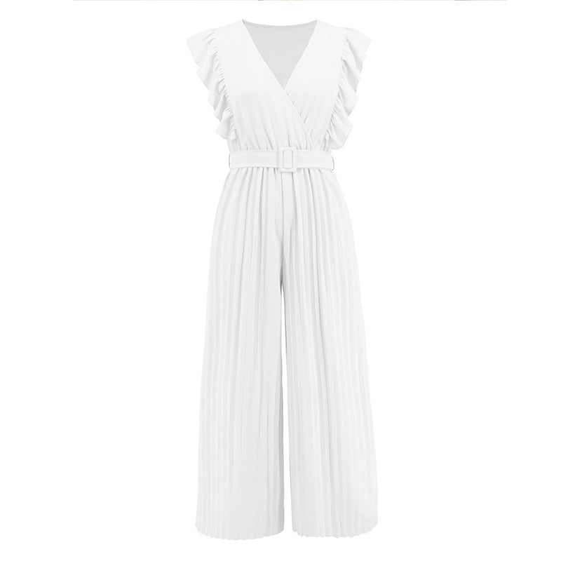 Slim Jumpsuit High Waist Sleeveless Lotus Leaf V Neck Pleated Wide Leg Skort