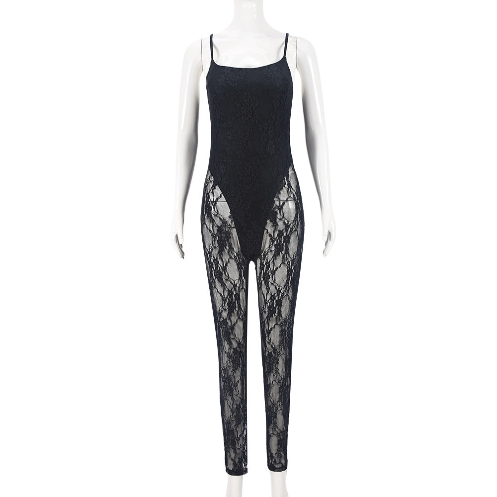 Fall Clothing Sling Stitching Sheer Cutout High Elasticity Jumpsuit