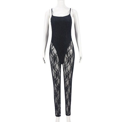 Fall Clothing Sling Stitching Sheer Cutout High Elasticity Jumpsuit