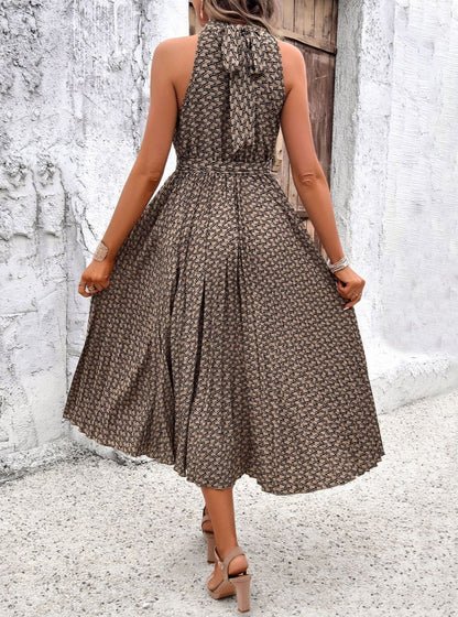 Patterned Sleeveless Halterneck Midi Dress With Waist Tie
