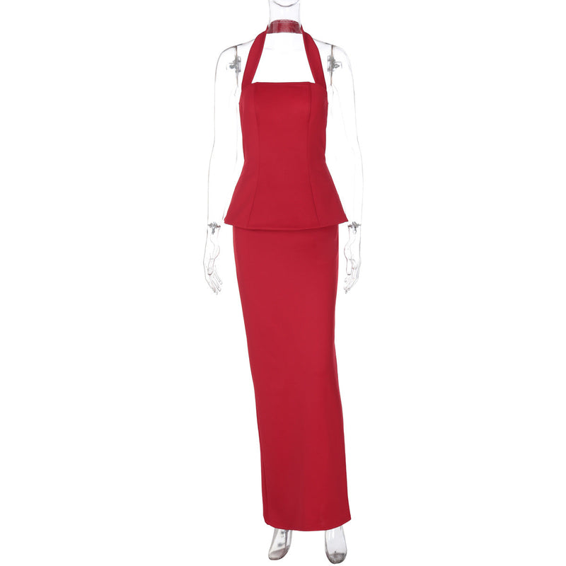 Spring Color Halter Top Backless Slim Fit Maxi Dress Two Piece Set