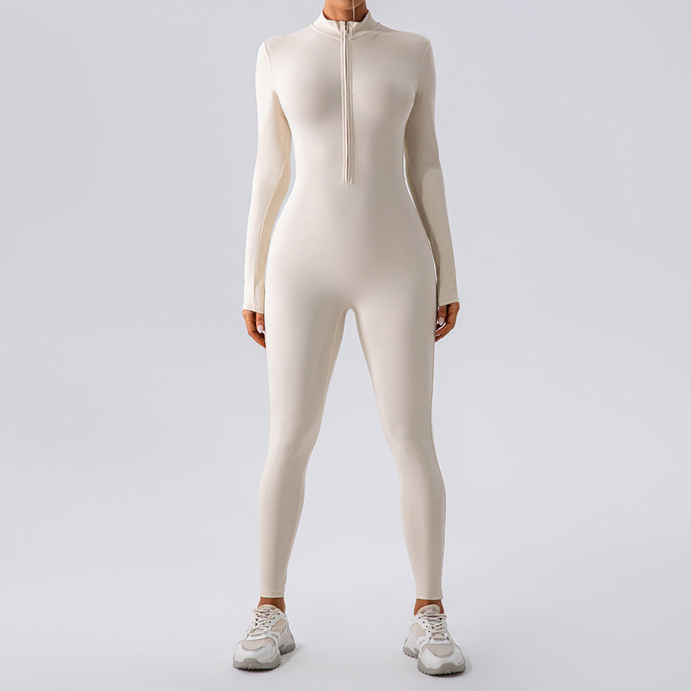 Zipper Nude Feel Long Sleeve Yoga Jumpsuit Sports Fitness Training Dance One Piece Bodysuit
