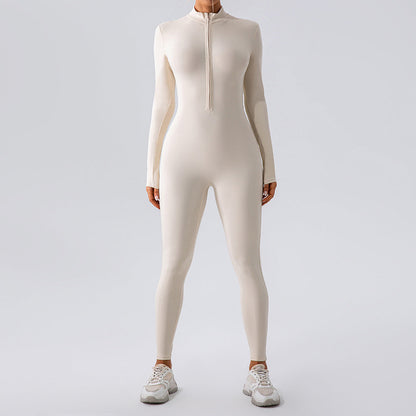 Zipper Nude Feel Long Sleeve Yoga Jumpsuit Sports Fitness Training Dance One Piece Bodysuit