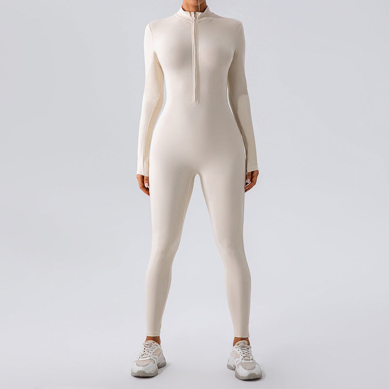 Zipper Nude Feel Long Sleeve Yoga Jumpsuit Sports Fitness Training Dance One Piece Bodysuit