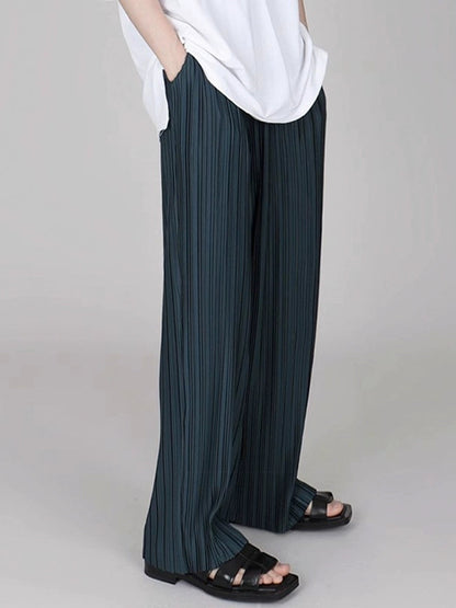 Ice Silk Pleated Wide-leg Pants With Draped Floor-length Design